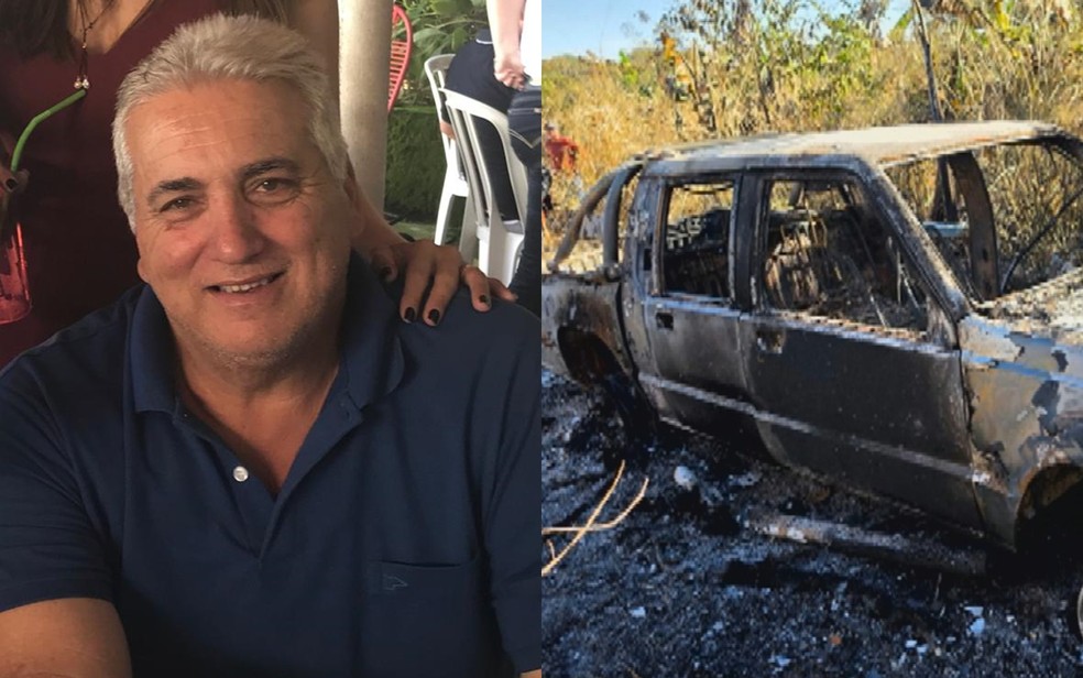 O corpo de Cleuber Parreira da Silva, de 66 anos, foi encontrado carbonizado dentro da sua caminhonete — Foto: Arquivo pessoal/Pedro Henrique da Silva e Reprodução?TV Anhanguera