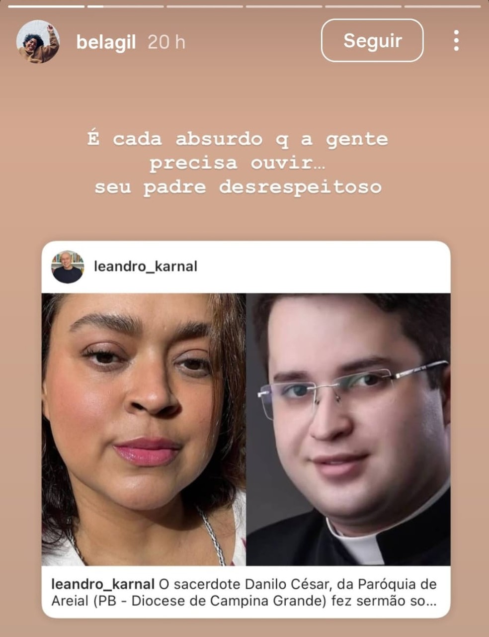 Postagem foi feita nas redes sociais por Bela Gil, irmã de Preta Gil, em relação ao padre investigado por intolerância religiosa — Foto: Redes Sociais