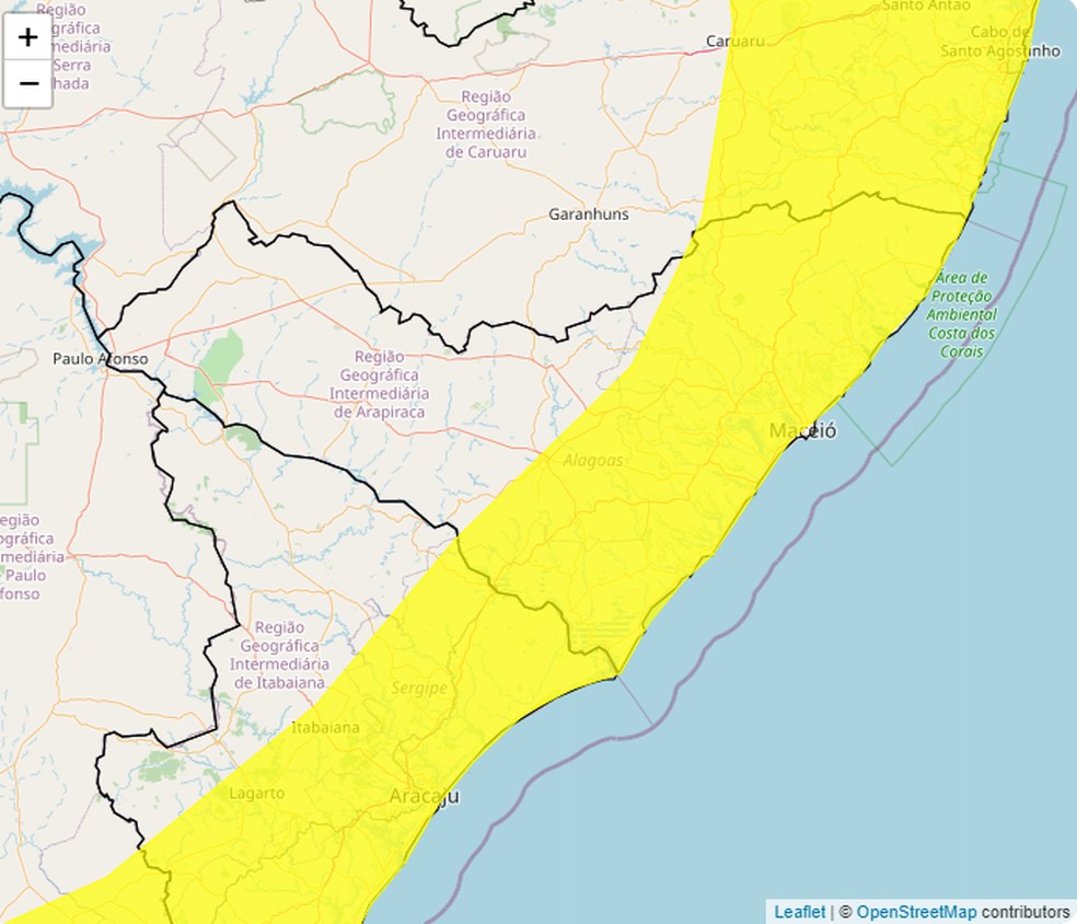 Mapa mostra cidades incluídas no alerta amarelo do Inmet — Foto: Inmet