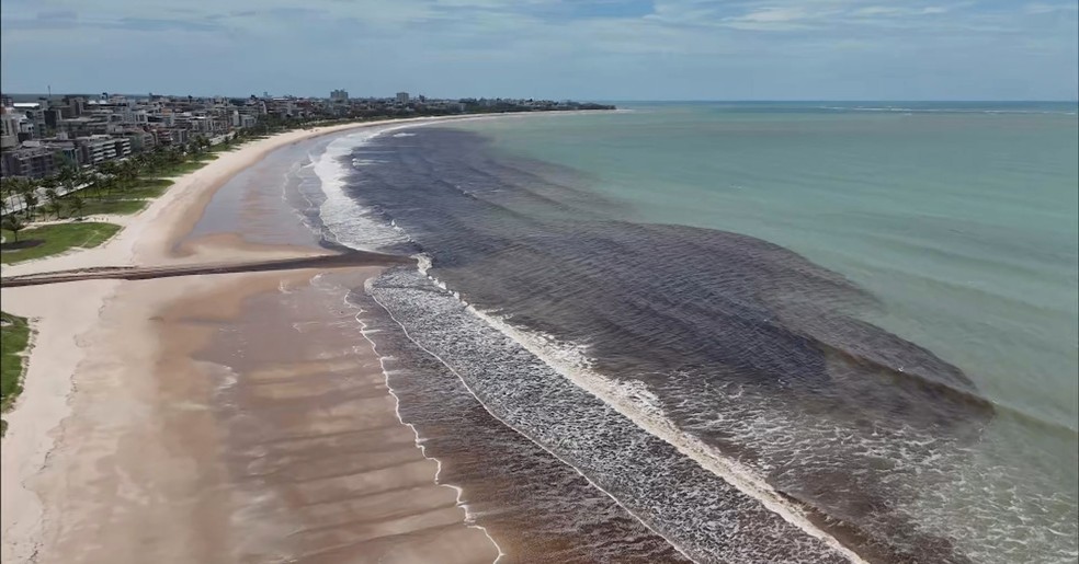 Mancha escura invade mar no Litoral da Paraíba — Foto: TV Cabo Branco/Reprodução