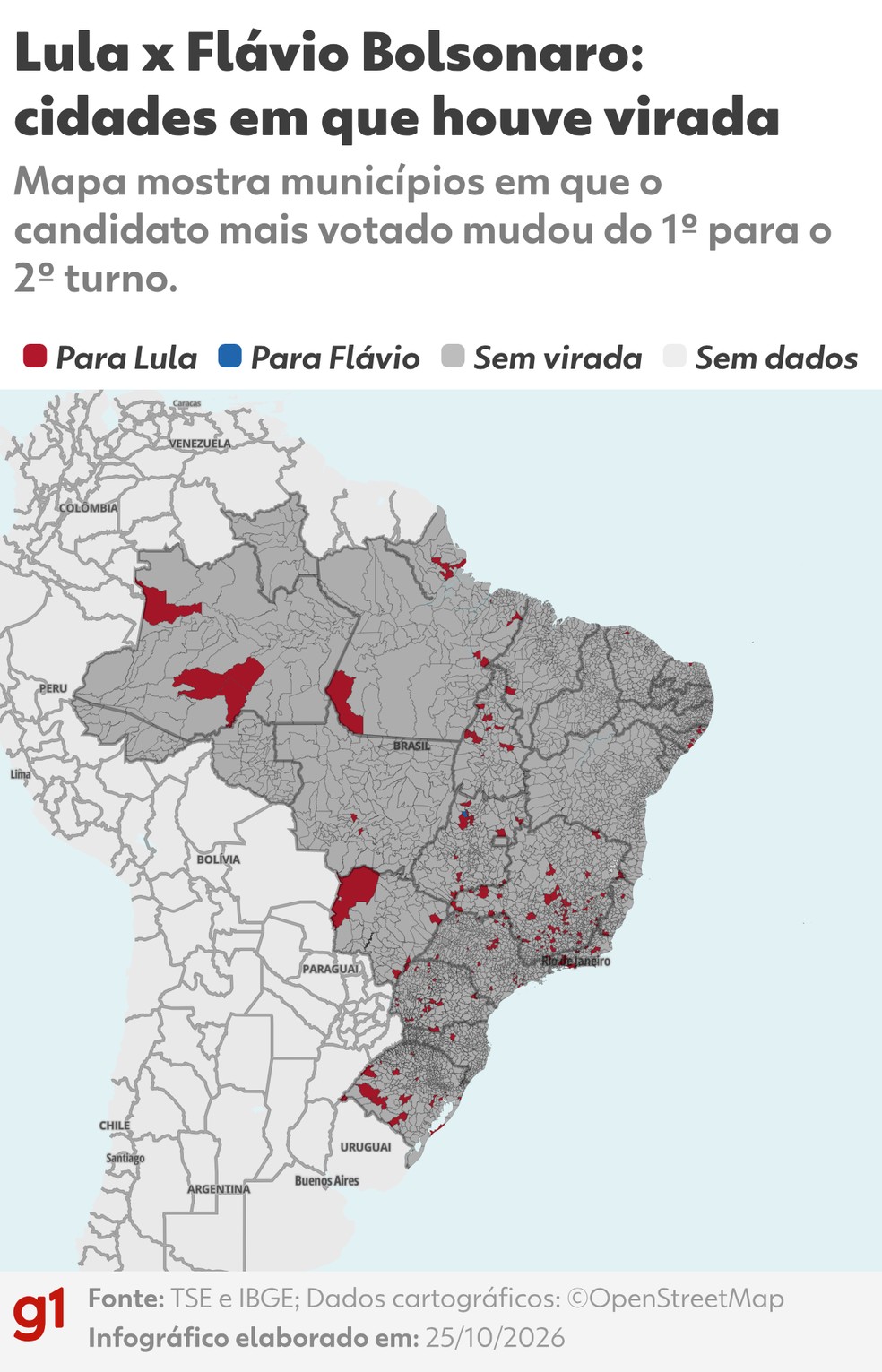 Lula x Flávio Bolsonaro: cidades em que houve virada - Mapa mostra municípios em que o candidato mais votado mudou do 1º para o 2º turno. - Brasil - presidente 2026 turno-2 - quadrado_g1 g1 choropleth - 25/10/2026 — Foto: Arte G1