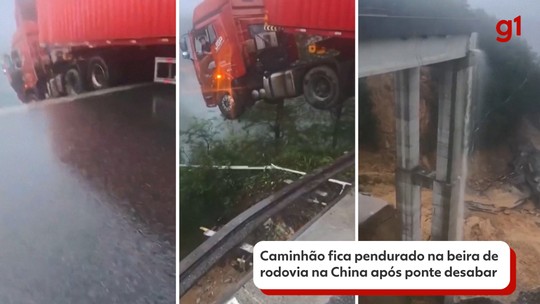 Caminhão fica pendurado à beira de rodovia na China após ponte desabar; VÍDEO