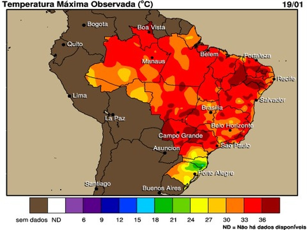 O primeiro mapa mostra como ficaram as temperaturas máximas no Brasil na semana anterior. — Foto: Climatempo