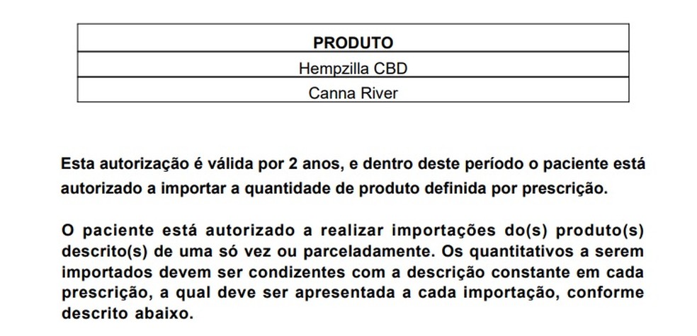 Documento da Anvisa que foi enviado ao g1 permite o tratamento do paciente com cannabis medicinal &mdash; Foto: Divulga&ccedil;&atilde;o