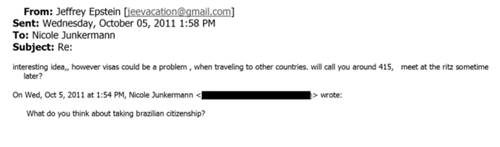 Jeffrey Epstein e Nicole Junkermann conversam sobre a possibilidade de o bilionário obter cidadania brasileira. — Foto: Reprodução/Departamento de Justiça dos EUA