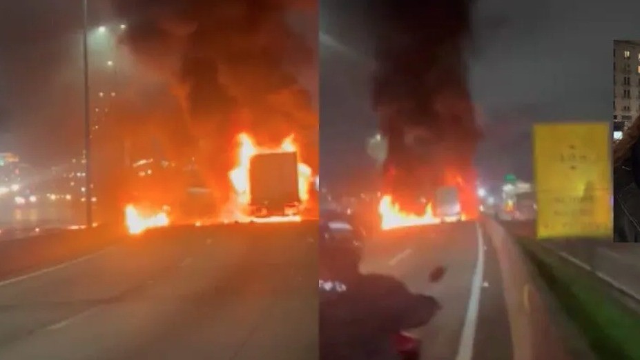 Caminhão que transportava carne pega fogo na BR-101, em São José