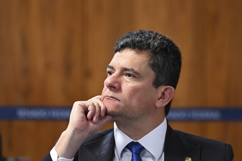 O senador Sergio Moro participa de sessão da CPI do Crime Organizado — Foto: Edilson Rodrigues/Agência Senado