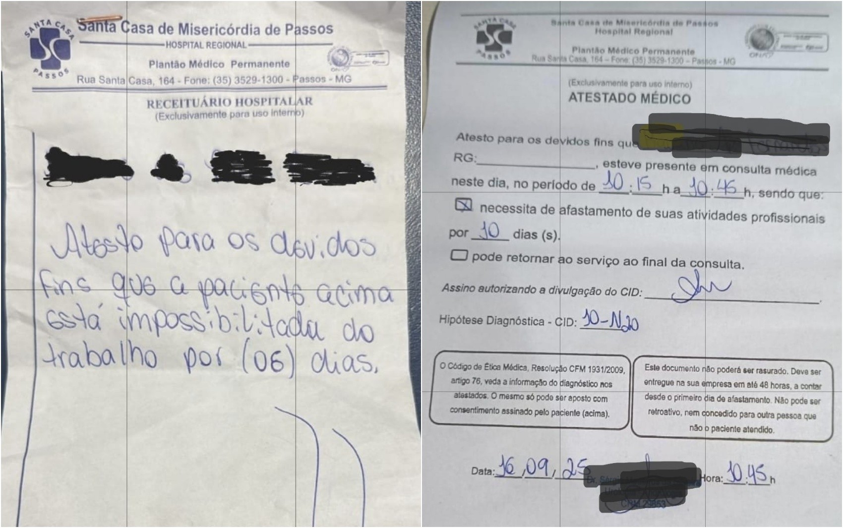 Polícia Civil investiga venda de atestados médicos falsos com nomes de profissionais da Santa Casa de Passos, MG