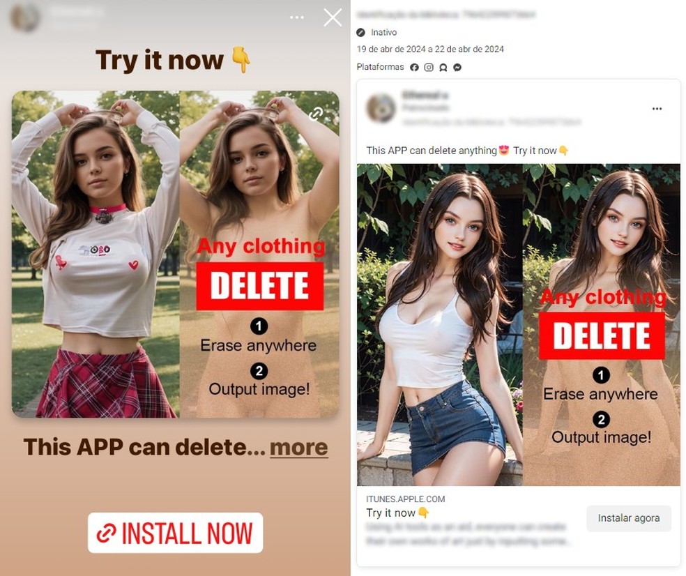 Anúncios no Instagram e no Facebook prometem apps que 'tiram' a roupa de pessoas em fotos — Foto: Reprodução