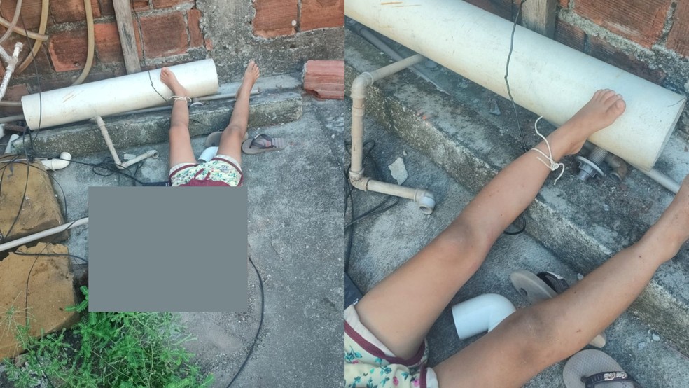 Criança foi encontrada por policiais militares amarrada no quintal da residência — Foto: Reprodução/WhatsApp