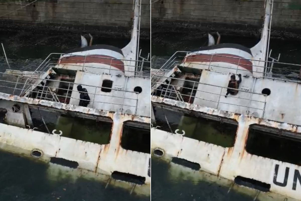 Navio histórico que afundou no Porto de Santos começa a ser 'resgatado' com ajuda de mergulhadores; VÍDEO