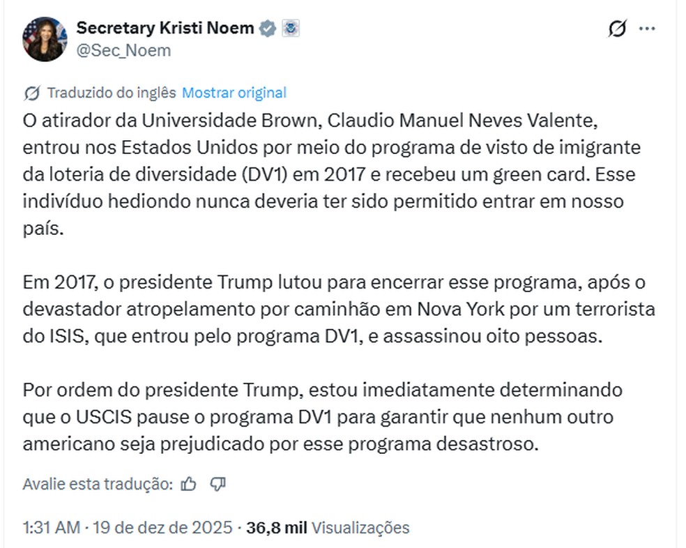 Governo Trump anuncia suspensão programa de vistos por diversidade — Foto: Reprodução/X