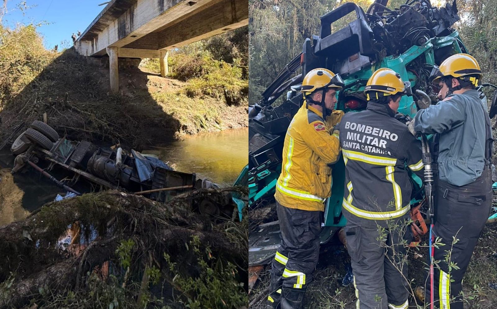Motorista morre após caminhão cair de ponte e afundar em rio na SC-114