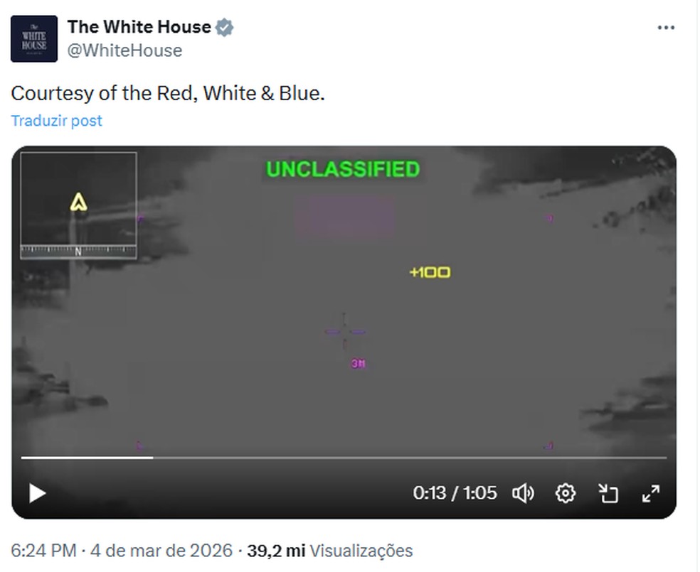 Casa Branca posta montagem de ataques ao Irã inspirada em videogame e com 'pontuação por mortes' em 4 de março de 2026. — Foto: Reprodução/X