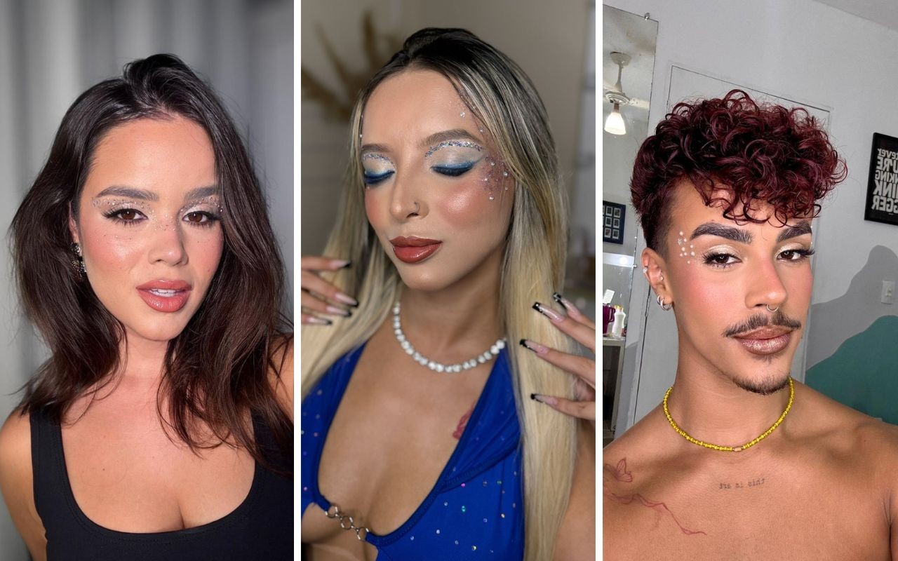 Aprenda três maquiagens diferentes com brilho e pedrarias para curtir o carnaval; confira o passo a passo