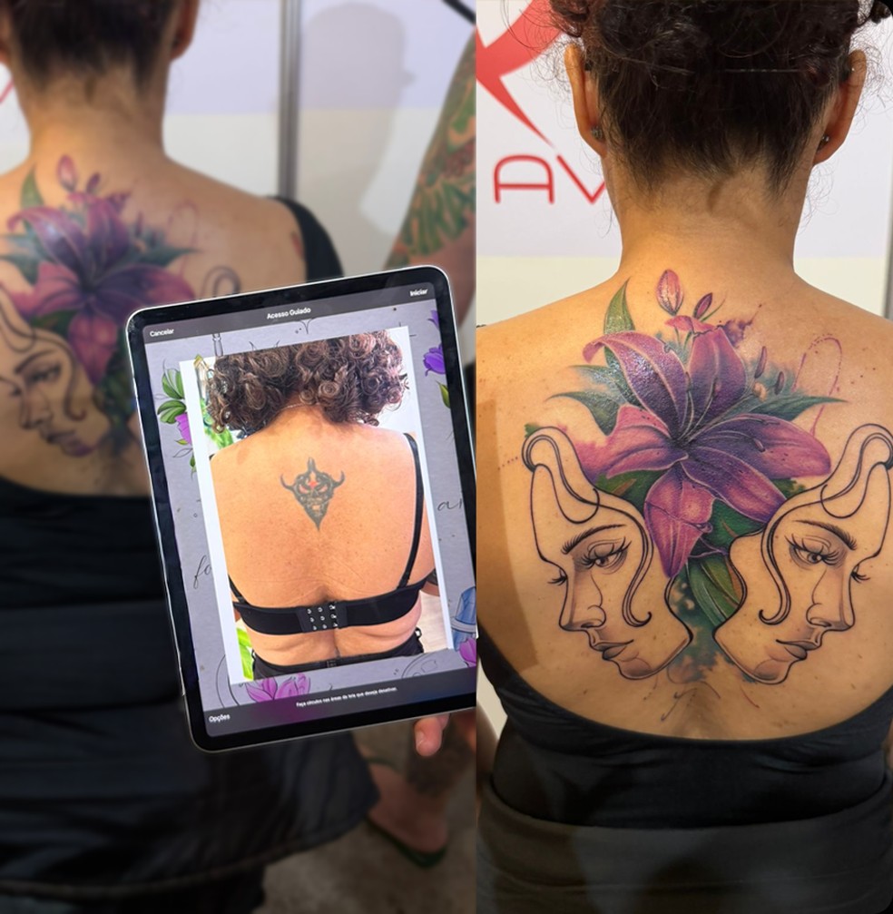 Já o estilo cobertura, quando o artista cria uma nova arte sobre uma antiga tatuagem, a vencedora foi Gabriella Machado. — Foto: Divulgação/Tattoo Week
