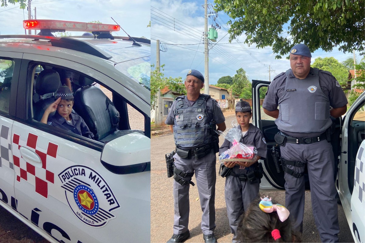 Menina escolhe tema da PM para comemorar aniversário e recebe policiais como convidados: ‘Ela quer ser policial’, diz mãe