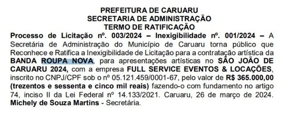 Roupa Nova vai receber cachê de R$ 365 mil para o São João de Caruaru — Foto: Reprodução/Diário Oficial