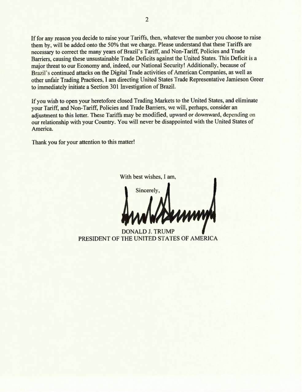 Trump manda carta a Lula e anuncia tarifa de 50% sobre produtos brasileiros — Foto: Reprodução