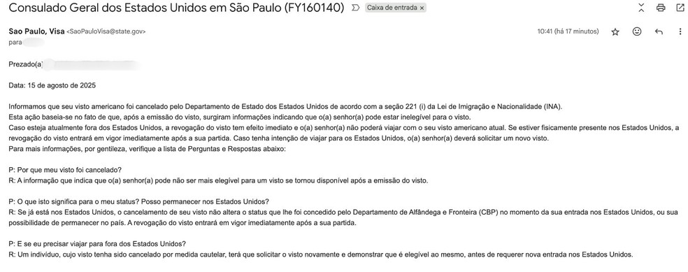 Visto cancelado nos Estados Unidos — Foto: Reprodução