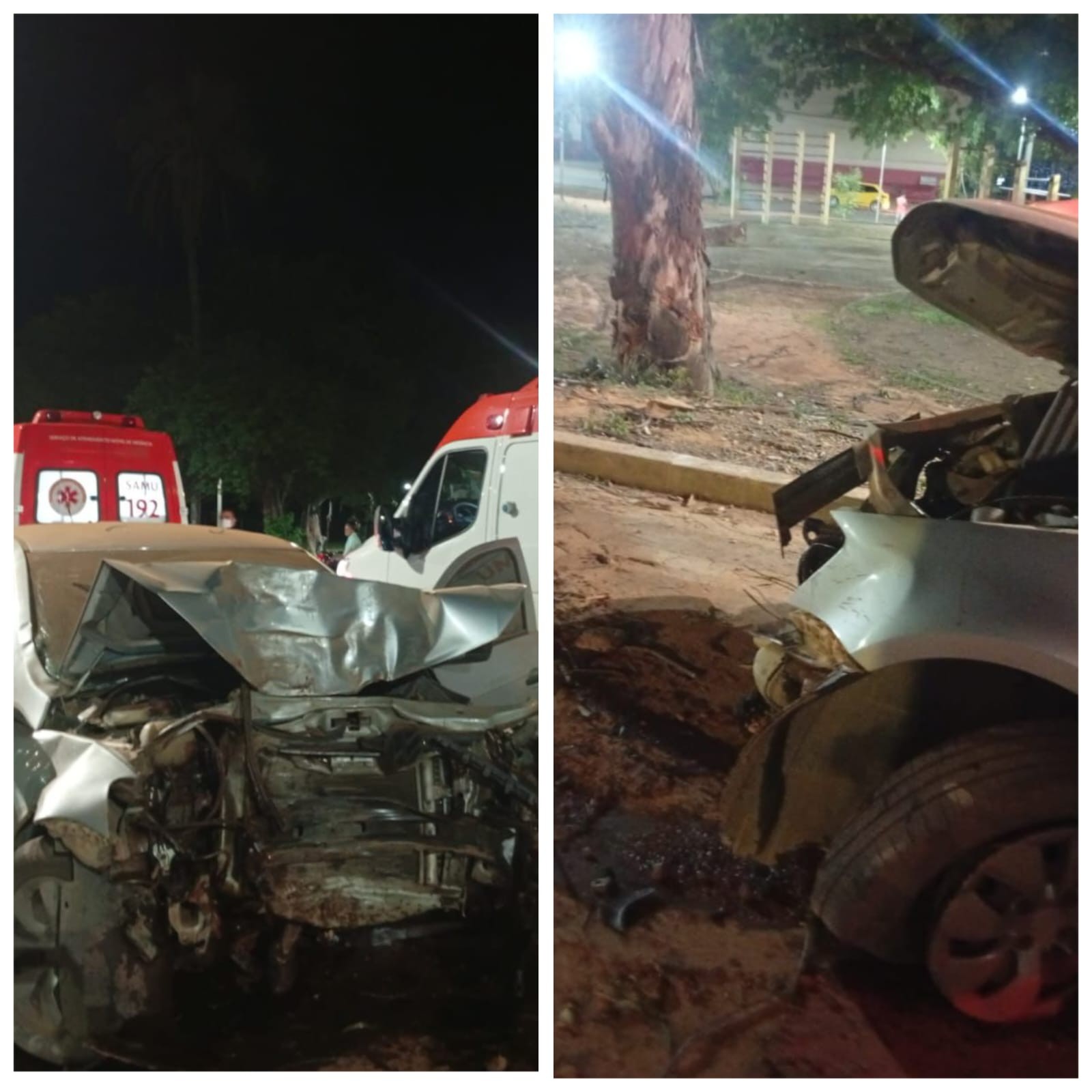 Carro bate em árvore após pneu estourar e duas pessoas ficam feridas, em Montes Claros