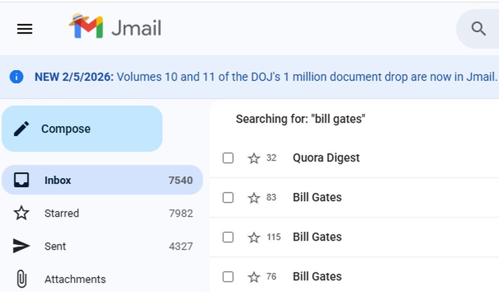 Interface do Jmail, ferramenta para ler os milhões de documentos do escândalo sexual de Jeffrey Epstein — Foto: Divulgação
