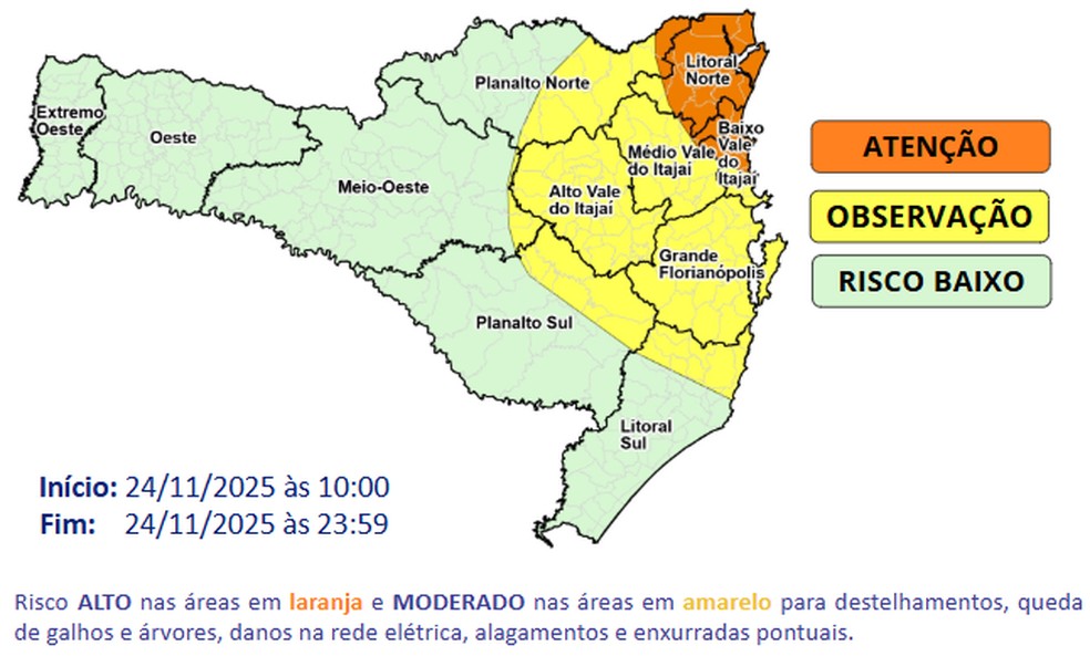 Mapa da Defesa Civil indica mais riscos de estragos na região Norte de SC — Foto: Defesa Civil/Divulgação