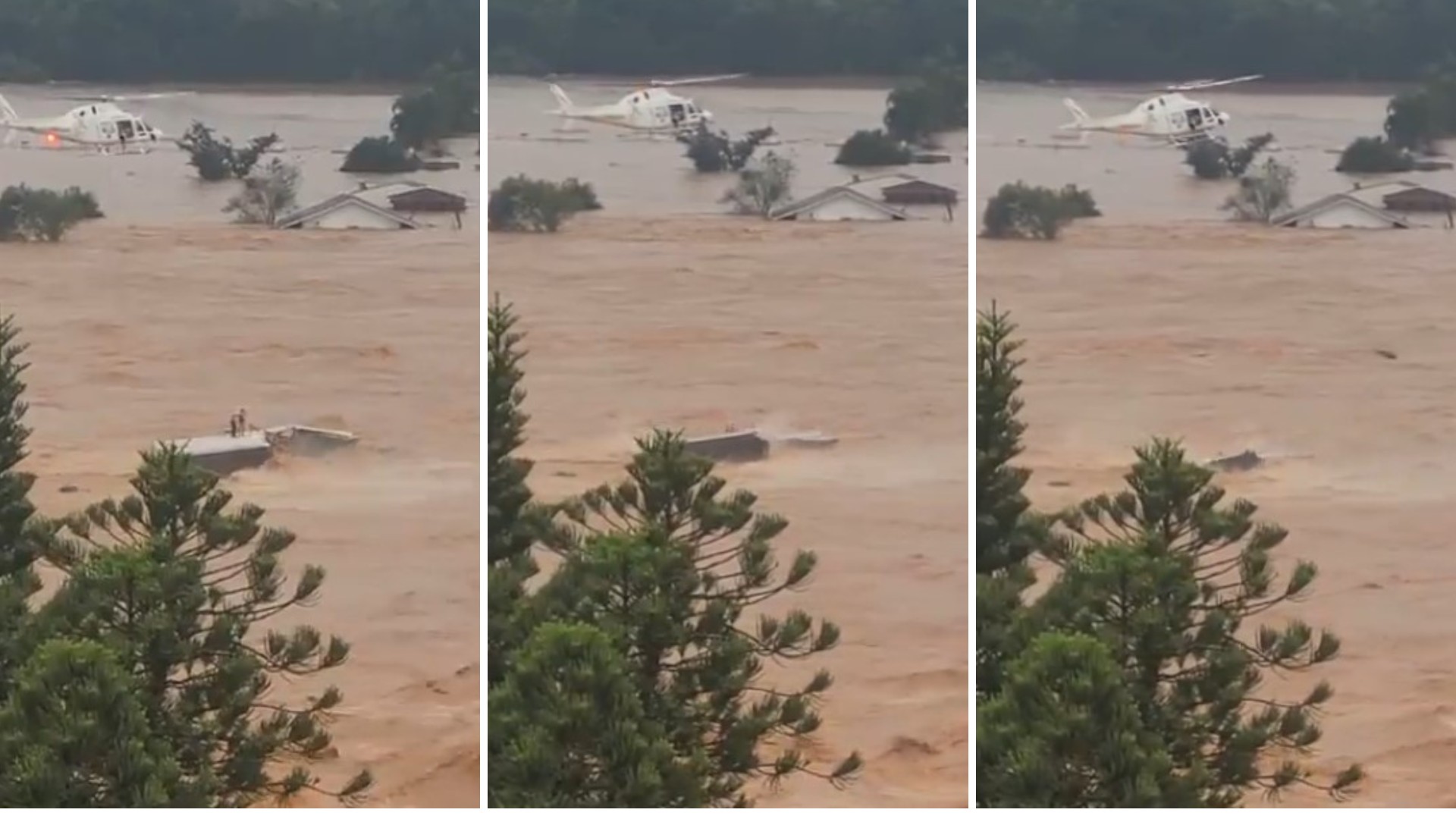 VÍDEO: telhado de casa cede, e morador que esperava resgate com helicóptero é levado por enchente no RS