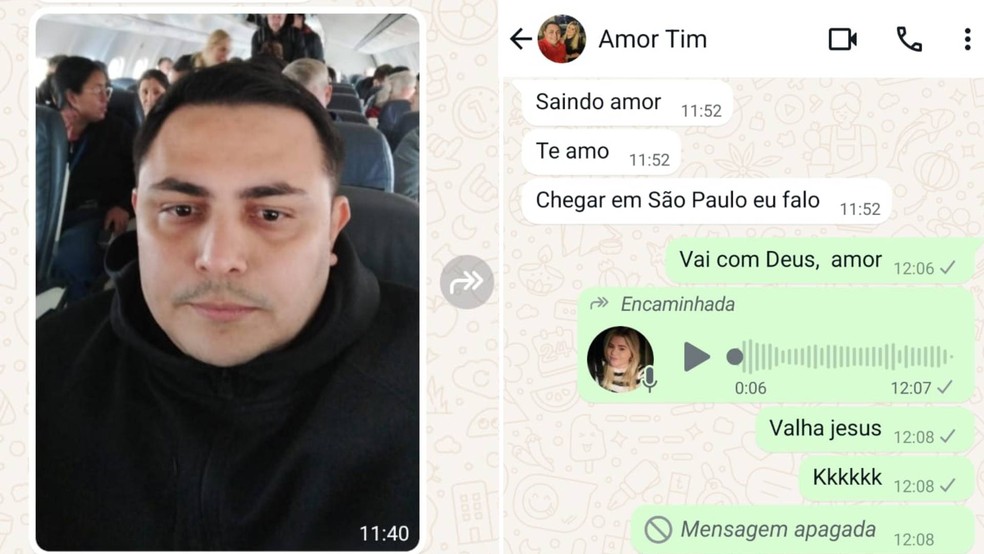 Thiago trocou mensagens com sua esposa até seis minutos antes do avião ATR-72, da Voepass, decolar de Cascavel (PR) com destino a Guarulhos (SP) — Foto: Reprodução