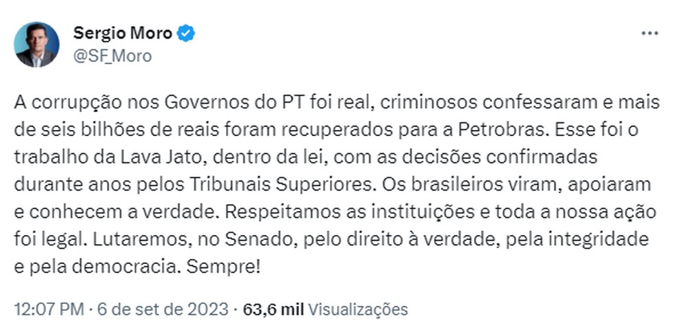 Sergio Moro comenta decisão de Dias Toffoli que anulou provas do acordo de leniência da Odebrecht na Lava Jato — Foto: X (Twitter)/Reprodução