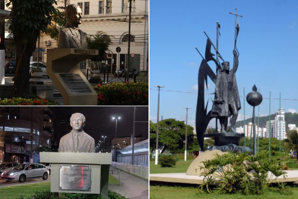 Busto em homenagem ao Visconde de Mauá e Oswaldo Paulino (à esq.), e Monumento a Cristóvão Colombo (à dir.) — Foto: Prefeitura de Santos