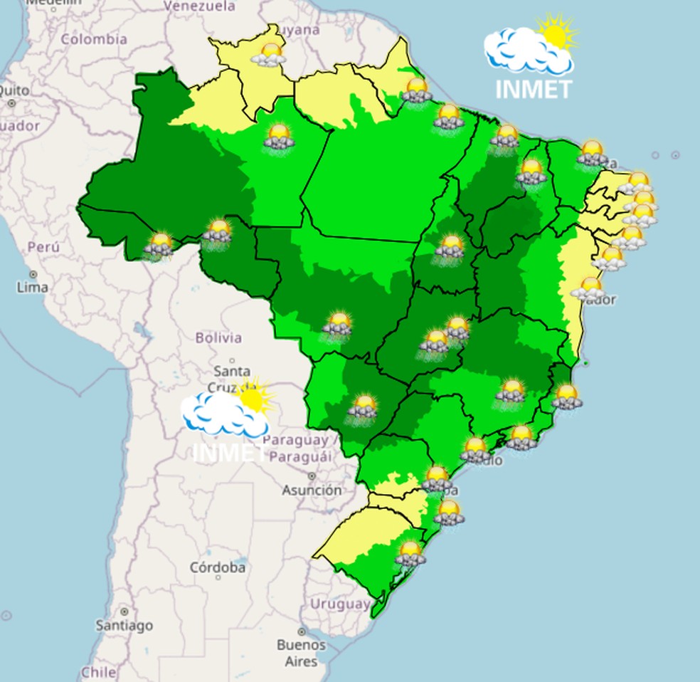 Mapa mostra previsão de chuva para esta quinta (5) em todo o Brasil. — Foto: Inmet/Reprodução