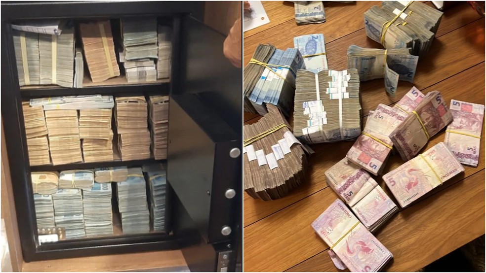 Dinheiro encontrado em cofre pela PF durante a Operação Hefesto, que investiga desvios de verba federal para educação — Foto: Divulgação