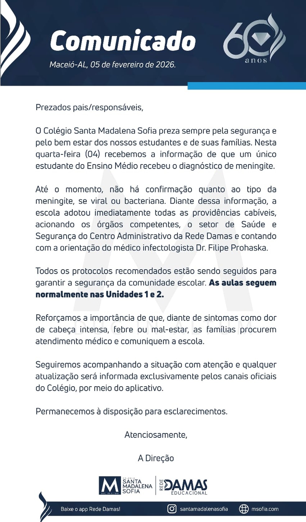 Comunicado sobre meningite do colégio Madalena Sofia, em Maceió. — Foto: Assessoria
