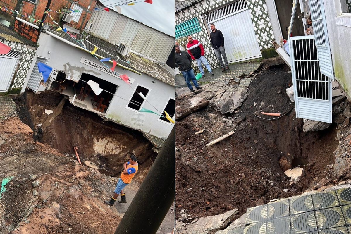 Cratera se abre após rompimento de tubulação; duas casas são interditadas no litoral de SP; VÍDEO