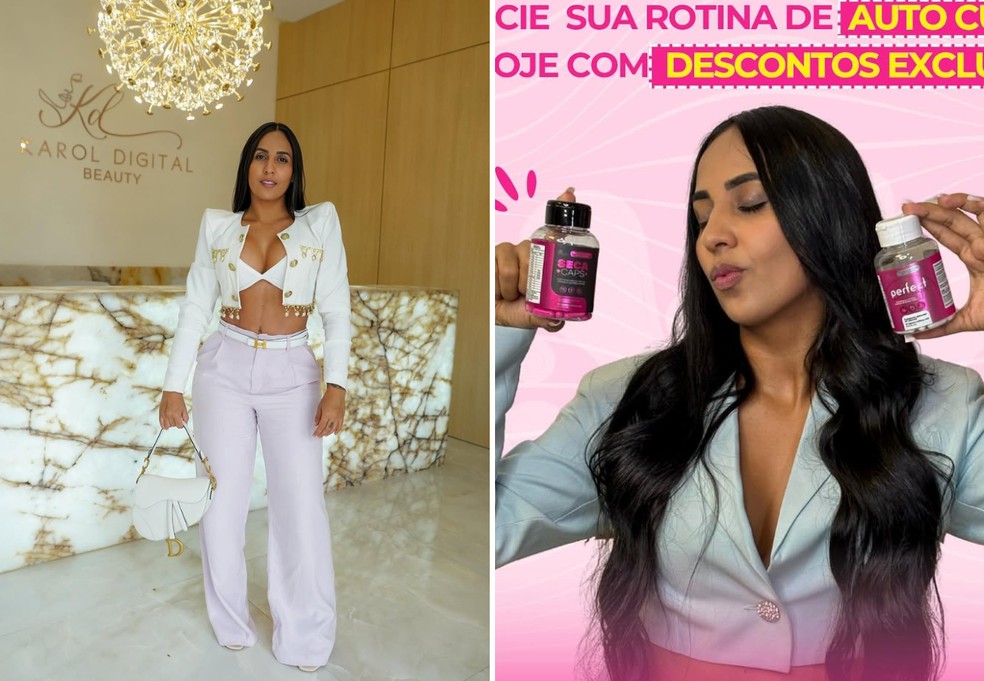 Karol Digital em salão de beleza e promoção de produtos da sua empresa — Foto: Karol Digital/Instagram/Reprodução