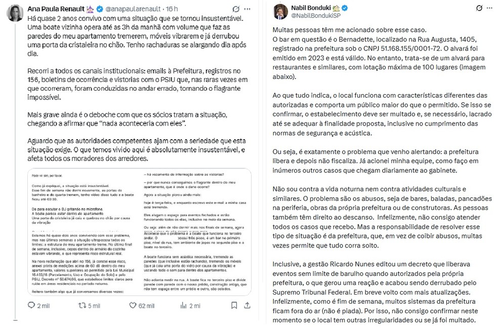 Posts de Ana Paula Renault e Nabil Bonduki falando sobre o bar na rua Augusta. — Foto: Reprodução/Redes Sociais