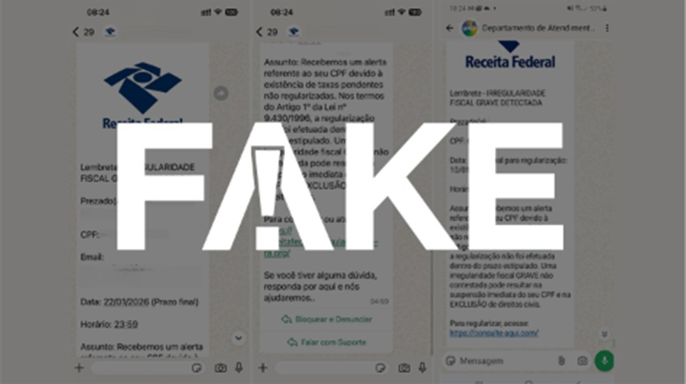 É #FAKE mensagem de WhatsApp em nome da Receita que oferece link para regularização; trata-se de golpe — Foto: Reprodução