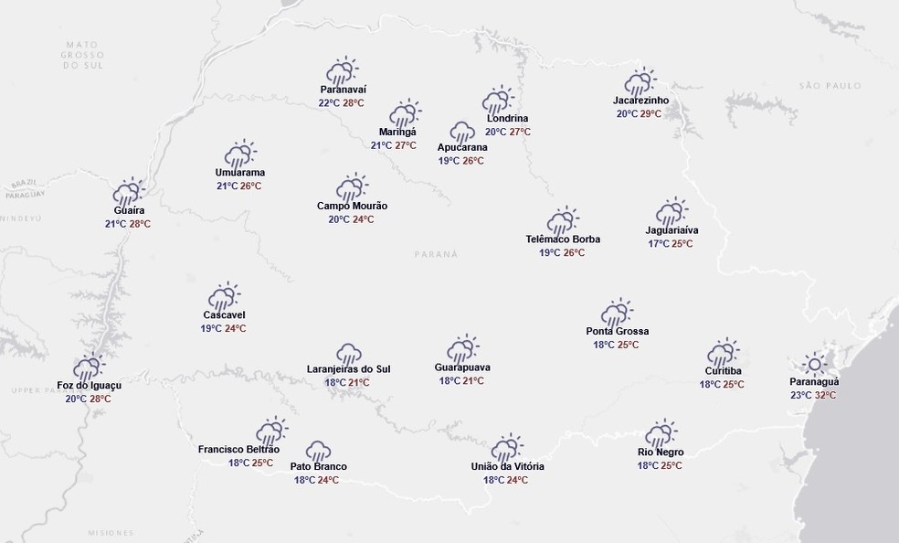 Previsão do tempo do Simepar para este domingo (11) — Foto: Reprodução/Simepar