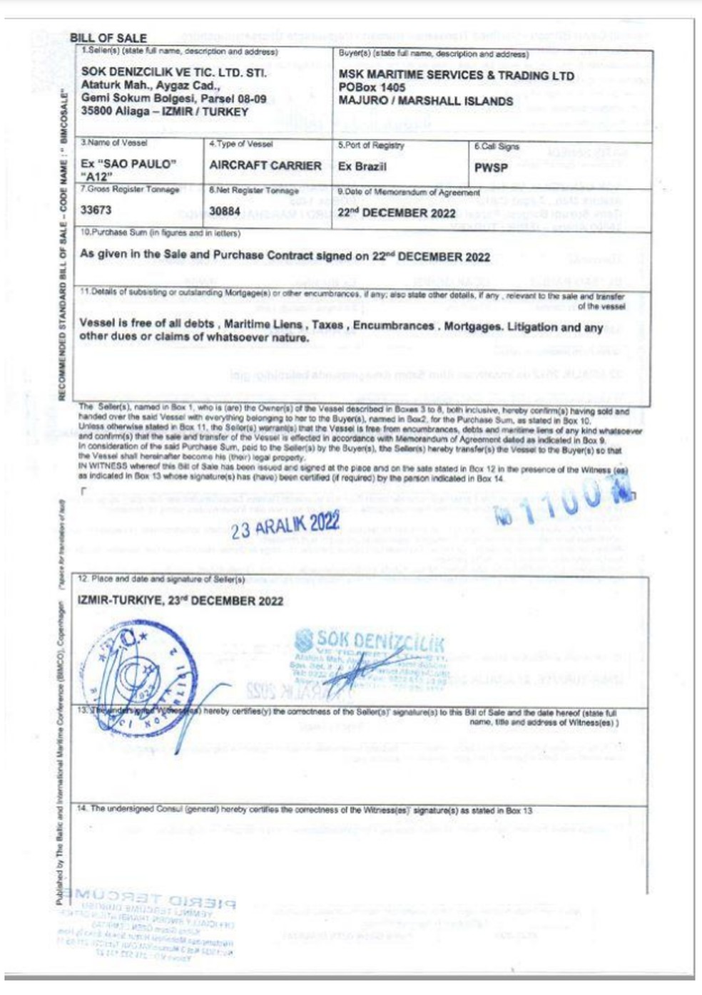 Documento de venda do antigo porta-aviões São Paulo da Sök para a MSK, enquanto navio estava em alto mar — Foto: Reprodução