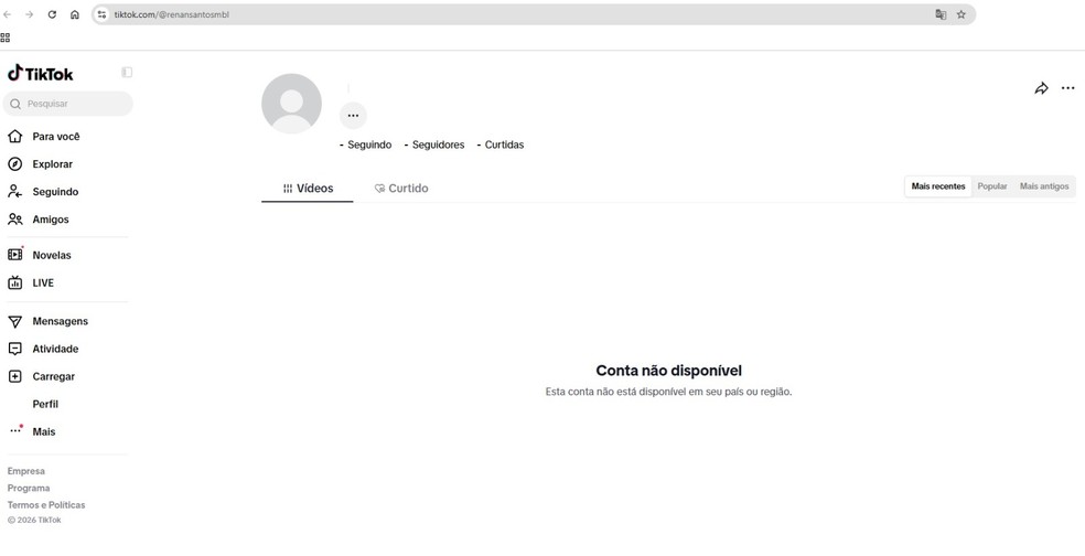 Conta de Renan Santos fora do ar. — Foto: Reprodução/ TikTok