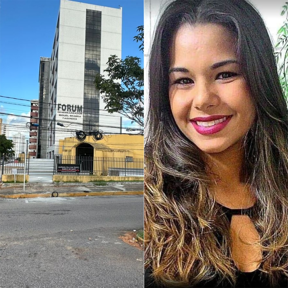 Foto1: Fórum Miguel Seabra, onde ocorria o julgamento, em Natal | Foto 2: A vítima do crime, Zaira Cruz — Foto: Foto 1: Kléber Teixeira/Inter TV Cabugi | Foto 2: Divulgação