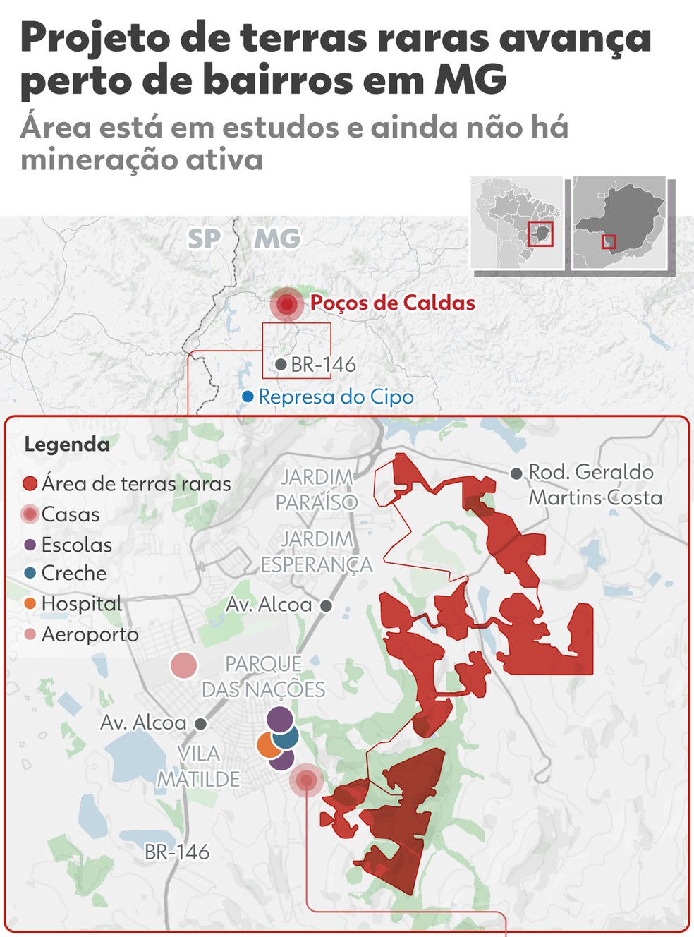 INFOGRÁFICO: projeto de terras raras avança sobre bairros em Poços de Caldas, no Sul de MG — Foto: Arte/g1