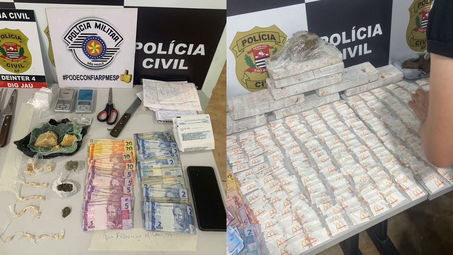 Polícia Civil apreende porções de cocaína em embalagens com marca de rede de fast food; 8 pessoas foram presas