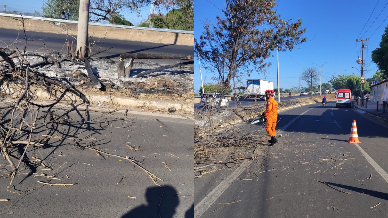 Mulher fica ferida após ser atingida por árvore carbonizada enquanto pilotava moto em Teresina