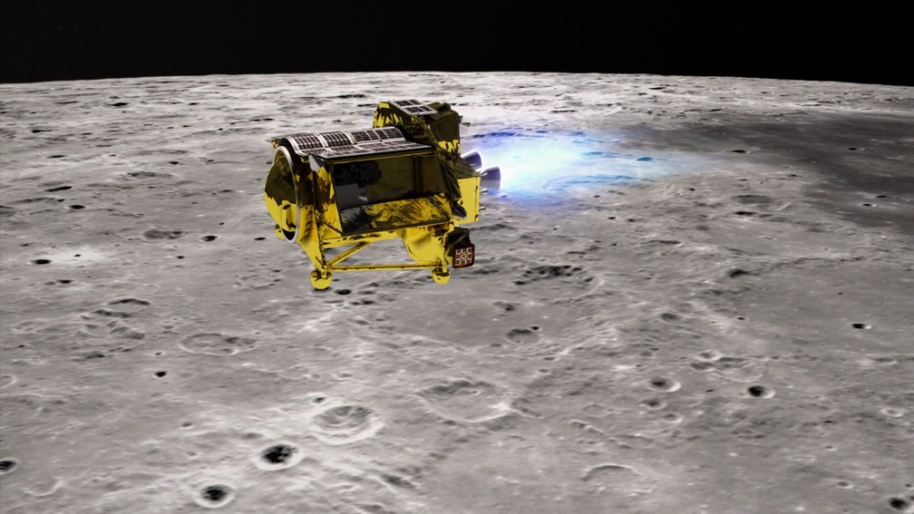 Impressão artística do módulo SLIM cruzando a superfície lunar. — Foto: JAXA/Divulgação