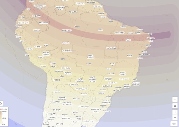 Mapa com o 'rastro' do eclipse solar anular mostra que João Pessoa e Natal são as melhores capitais para ver o fenômeno — Foto: Reprodução/Solarium