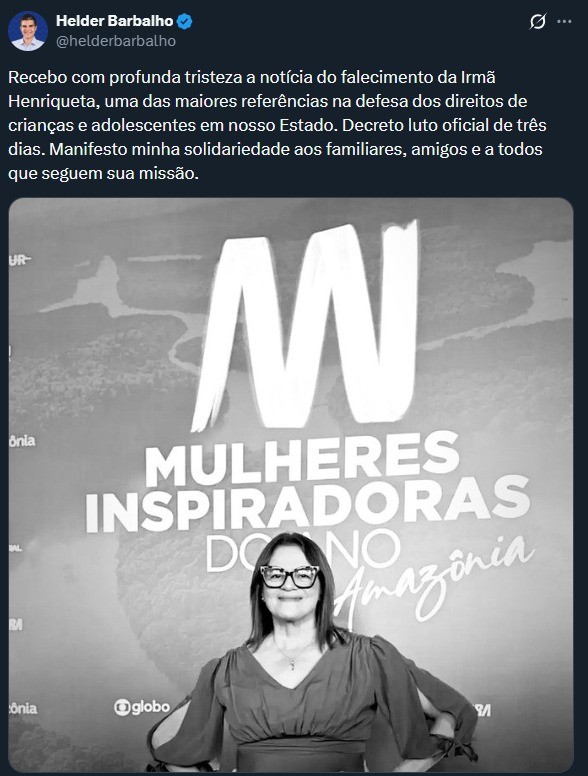 Pará decreta luto oficial de 3 dias por morte de Irmã Henriqueta, símbolo na luta contra exploração infantil