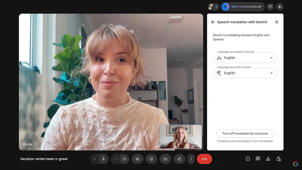 Tradução em tempo real no Google Meet com o Google Beam — Foto: Reprodução/Google