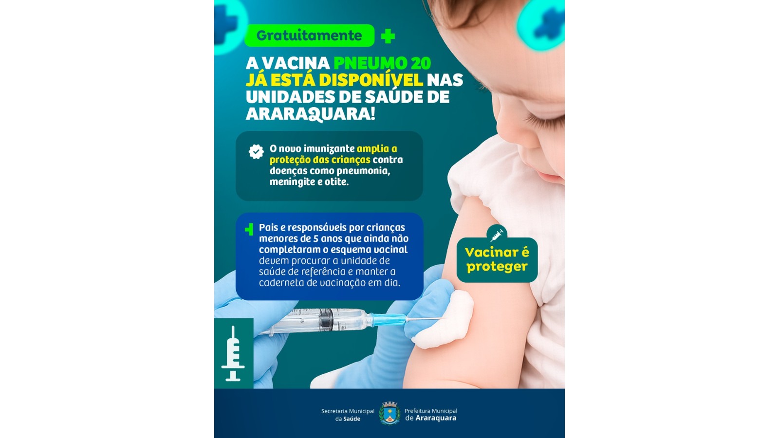 Prefeitura disponibiliza vacina Pneumo 20 e amplia proteção de doenças na infância